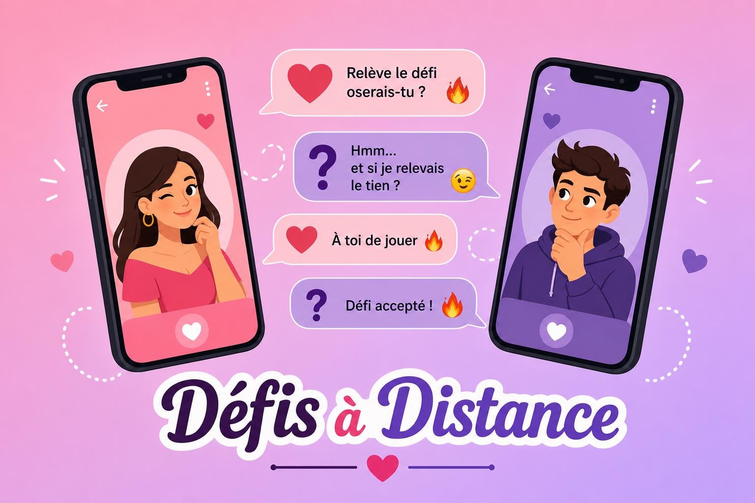 Jeux et défis à distance pour pimenter sa vie de couple avec complicité, image montrant deux smartphones avec messages coquins et dessins couples.