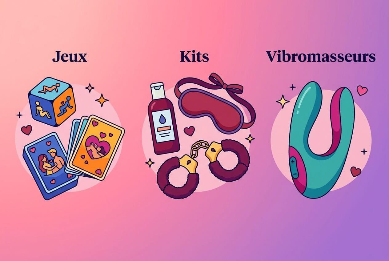 Jeux, kits et vibromasseurs pour pimenter sa vie sexuelle en couple, avec accessoires et fantasmes proposés.