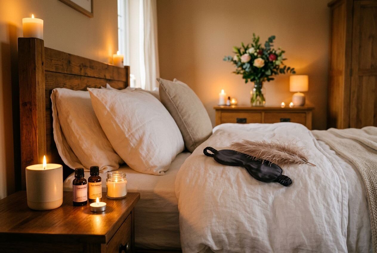 Lit cosy éclairé par des bougies, huiles et accessoires de massage posés à côté, ambiance chaleureuse et sensuelle. sage sensuel étapes par étapes