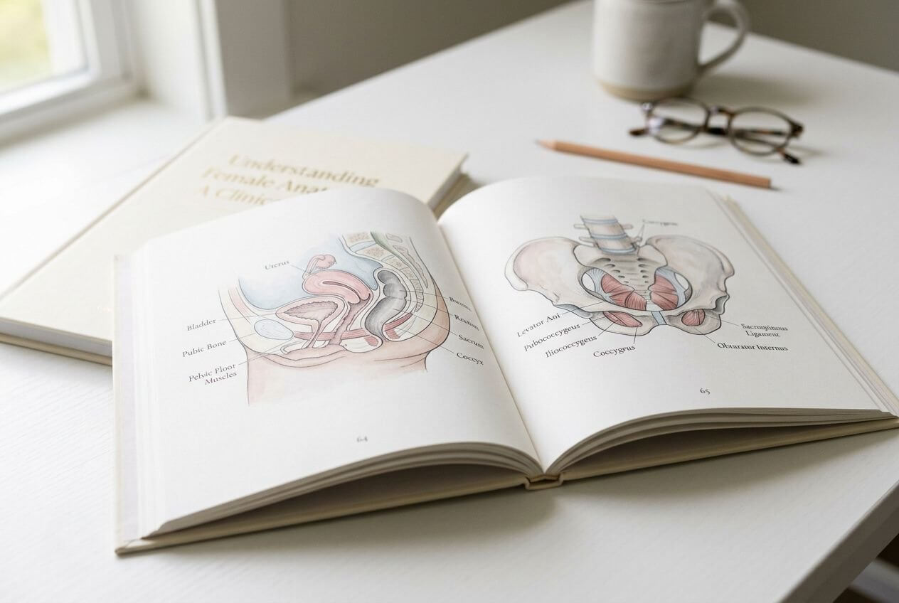 Livre d’anatomie posé ouvert sur une table, avec un autre livre et des lunettes à côté.