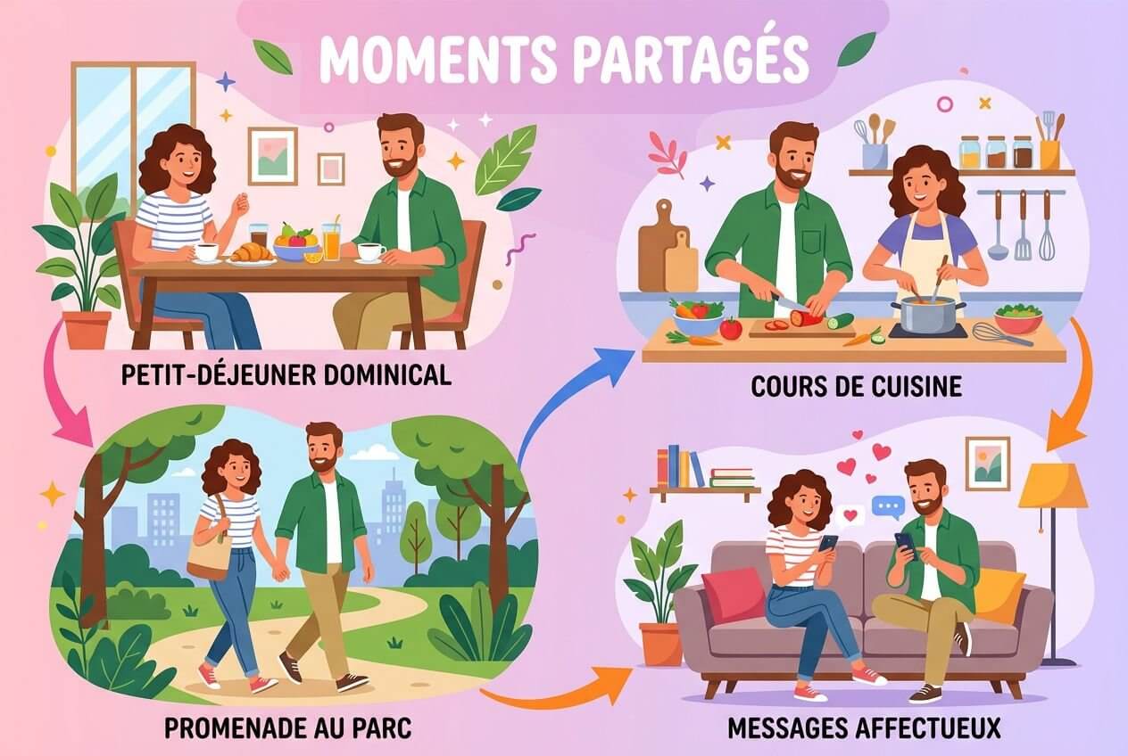 Moment partagé: couple heureux autour d’un petit-déjeuner, puis cours de cuisine, promenade au parc et échanges affectueux à la maison, illustrant comment raviver la passion couple.