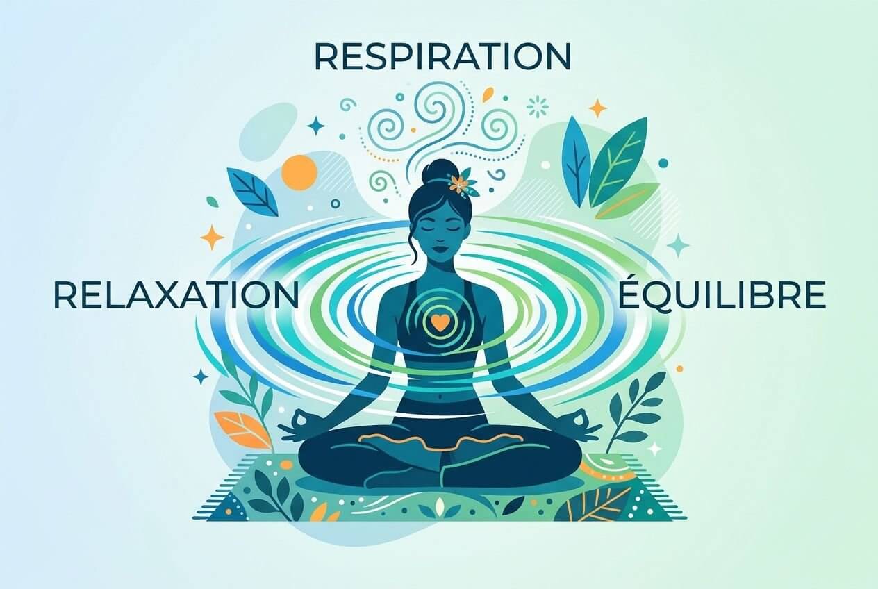 Personne méditant en posture de yoga au centre, entourée d’ondes circulaires et de motifs naturels; mots clés “Respiration”, “Relaxation”, “Équilibre” flanquent l’image. Note: Incorporation du mot-clé demandé: comment calmer la tension sexuelle.