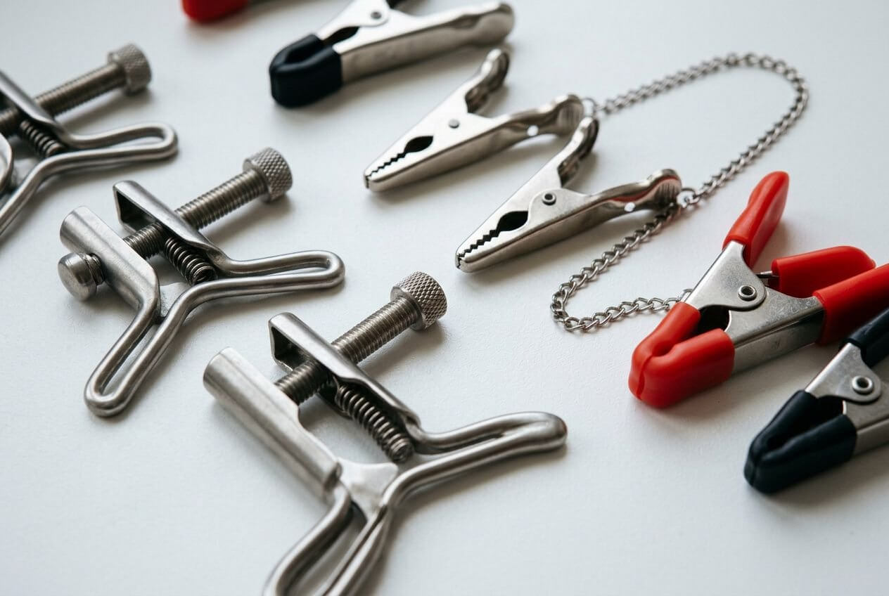 Pinces à tétons et accessoires metalisés pour bondage, clippes et pinces reliées par chaîne, présentation au sol. Pinces à tétons guide d'utilisation.