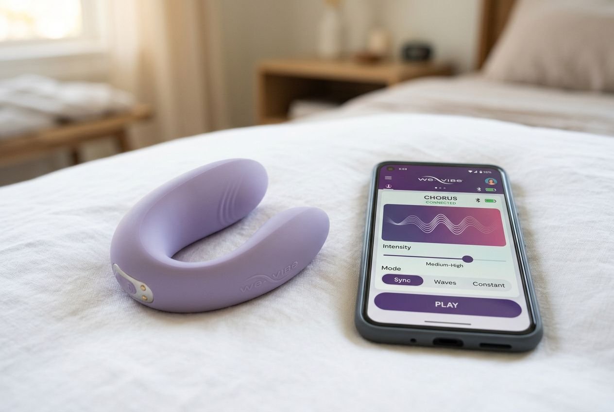 Pommeau vibrant violet et smartphone affichant une application de contrôle à distance, sur un lit, pour pimenter une relation amoureuse à distance.