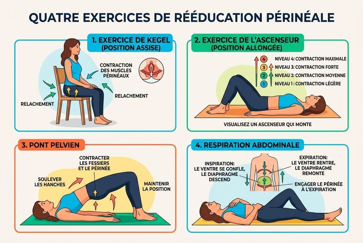 Quatre exercices de rééducation périnéale illustrés: assise, ascenseur, pont pelvien et respiration abdominale, avec gestes et positions expliqués. Rééducation périnéale.