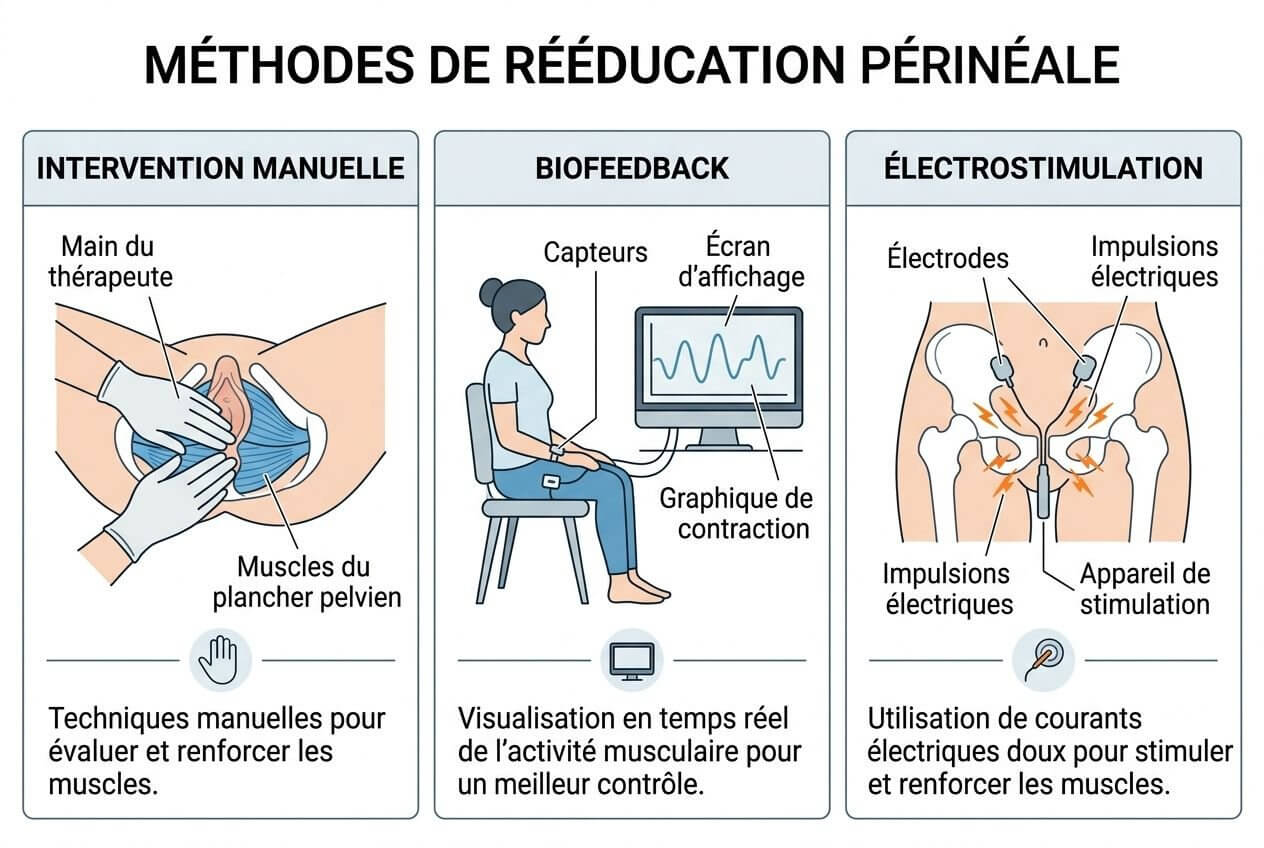 Rééducation périnéale: illustration des méthodes (manuelle, biofeedback et électrostimulation) montrant techniques et appareils utilisés.