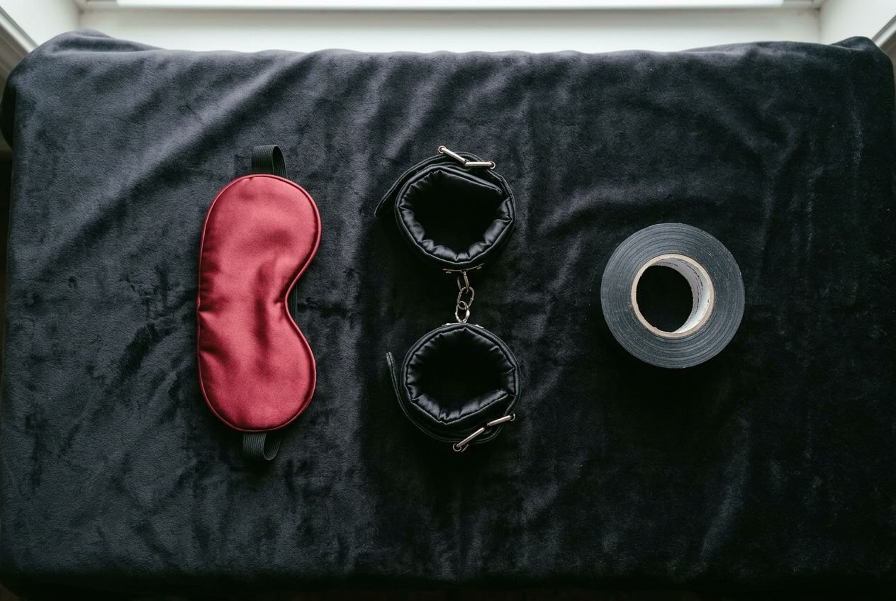 Sachet rouge pour les yeux, menottes et / ou bracelets en cuir noirs et rouleau de ruban adhésif sur fond noir. Accessoires bdsm pour débutants.