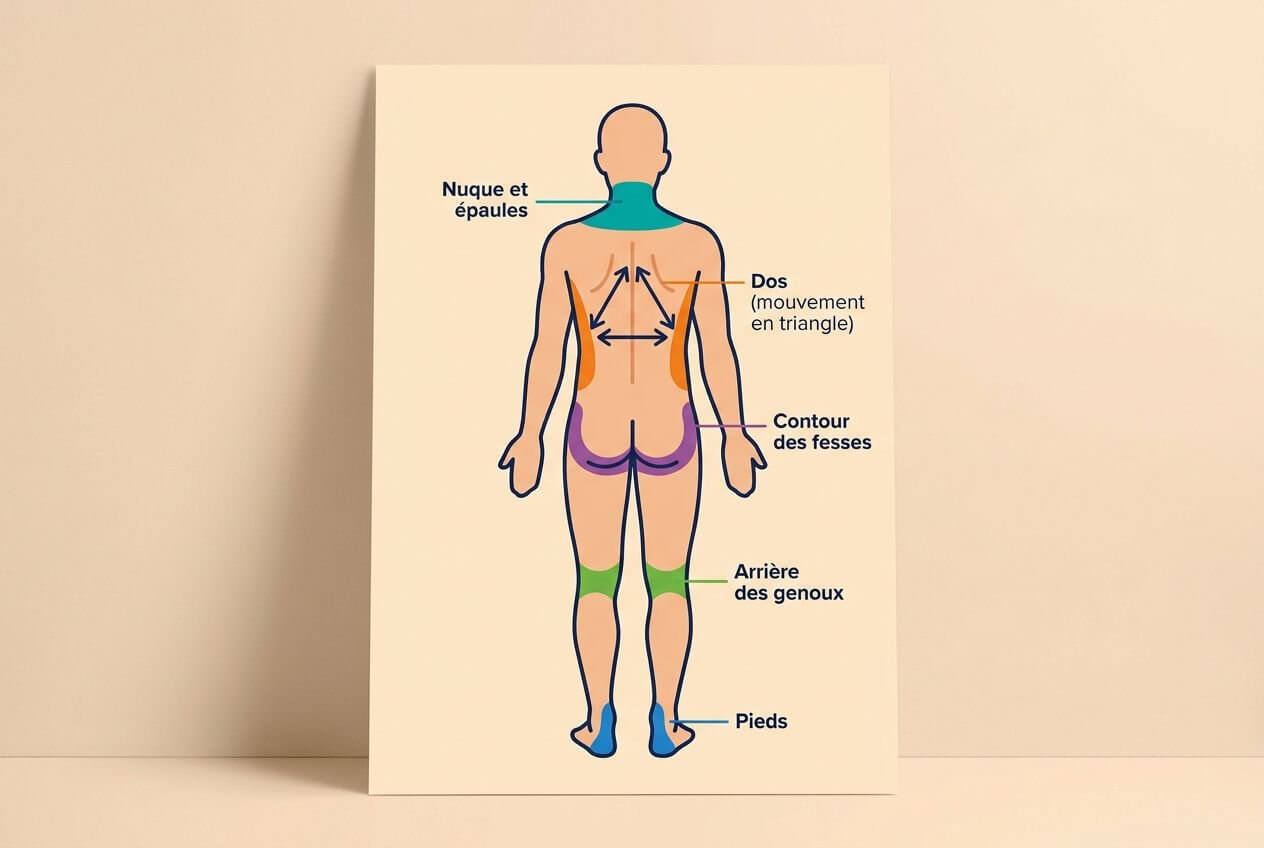 Schéma anatomique du dos et du corps: zones colorées identifiant les mouvements en triangle, nuque, épaules, fesses et jambes. Mouvements massage intime couple.