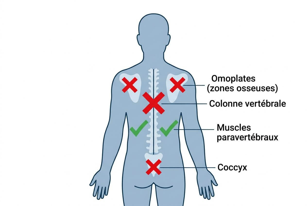 Schéma anatomique du dos et du tronc montrant zones sensibles et zones interdites pour les gestes: omoplates, colonne vertébrale et coccyx marqués, muscles paravertébraux soulignés. Mouvements massage intime couple en contexte sensuel.