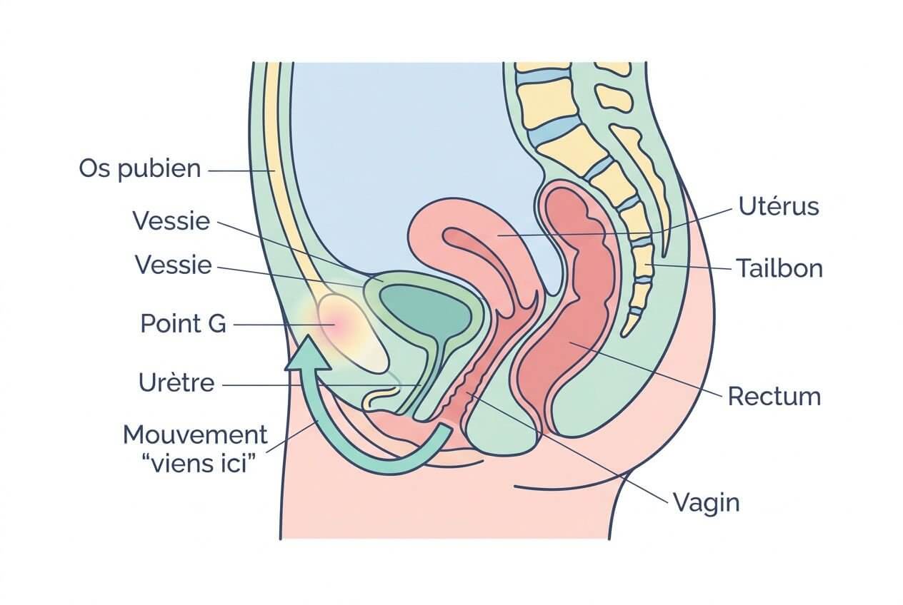 Schéma anatomique féminin montrant le point G à l’intérieur du vagin, près de la paroi frontale, avec œs et urètre, vésicules et organes reproductifs visibles.