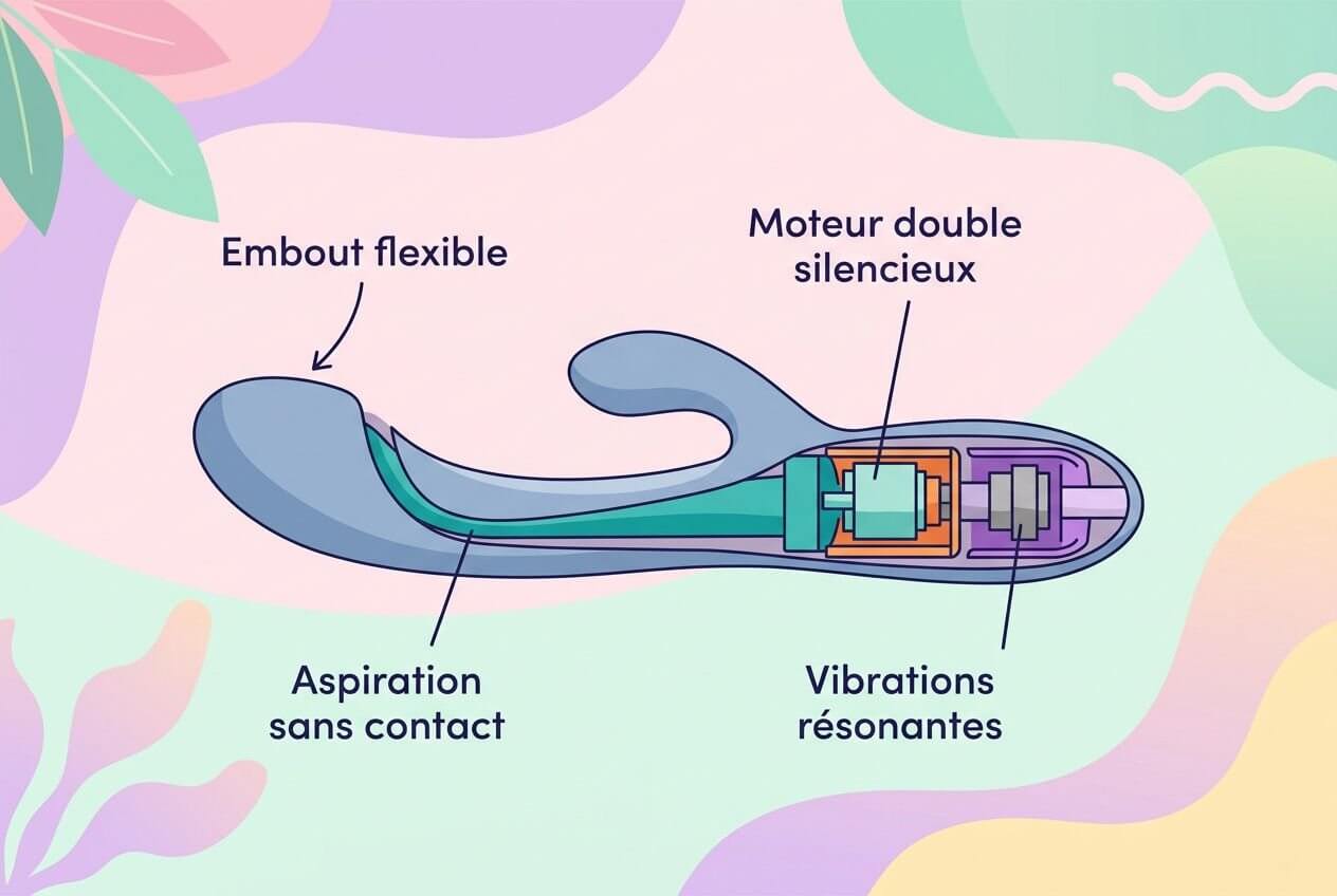 Schéma d’un stimulateur sextech interne avec embout flexible, aspiration sans contact et motorisation silencieuse, générant des vibrations résistantes. Révolution sextech comment les nouveaux stimulateurs redéfinissent le bien-être intime.