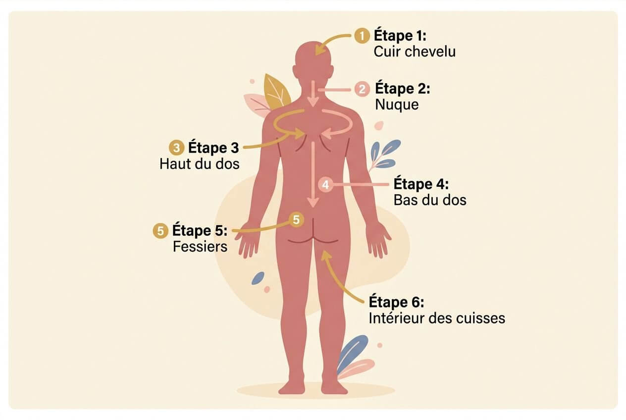 Schéma illustrant les étapes d’un massage sensuel: différents zones du corps numérotées de 1 à 6 (cuir chevelu, nuque, haut du dos, bas du dos, fessiers, intérieur des cuisses) pour éveiller le désir. Sage sensuel étapes par étapes.