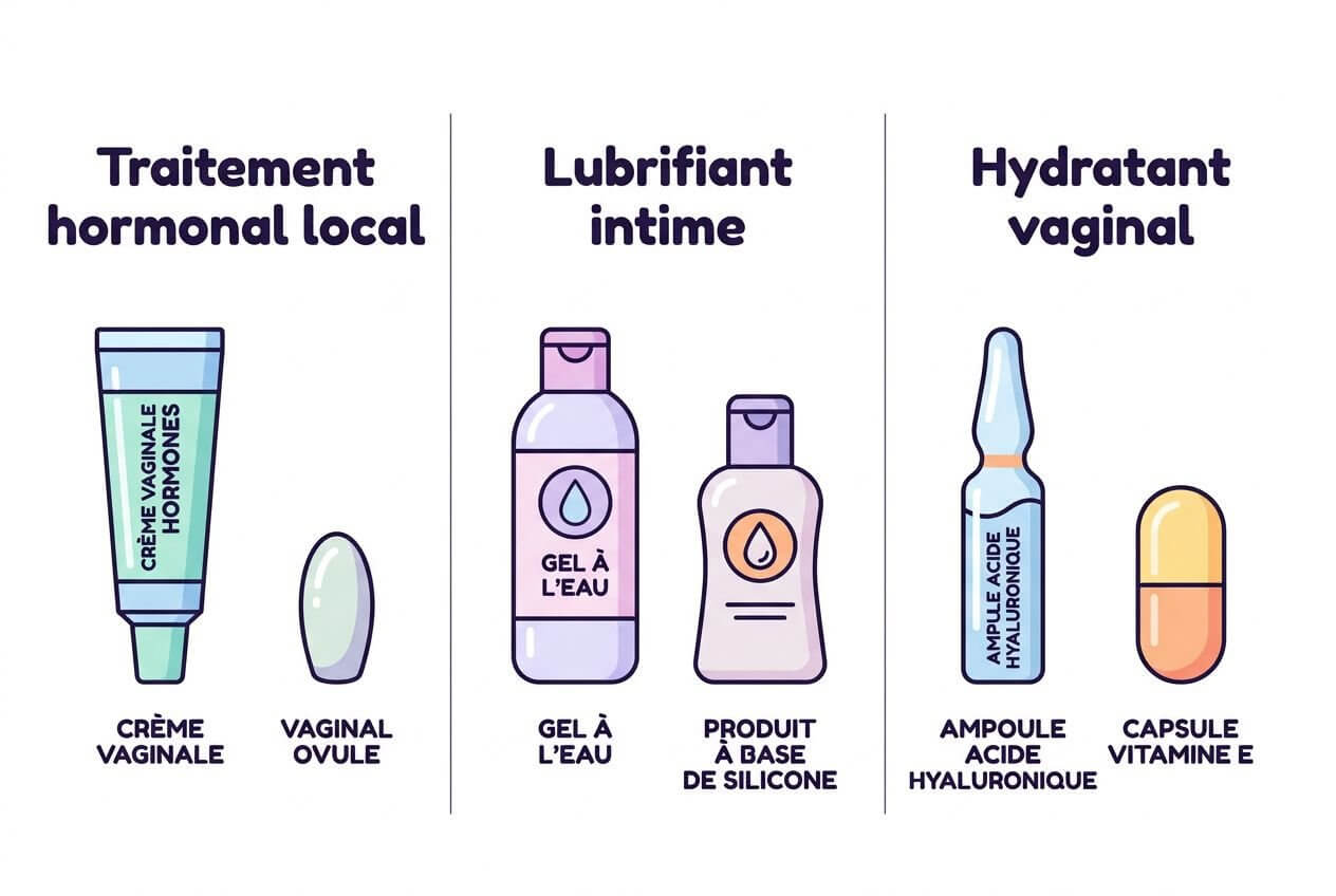 Schéma illustrant des produits pour la sécheresse intime : traitement hormonal local, lubrifiants intimes et hydratants vaginaux avec crèmes et solutions associées. Sécurité et confort intime. séparer les catégories visibles.