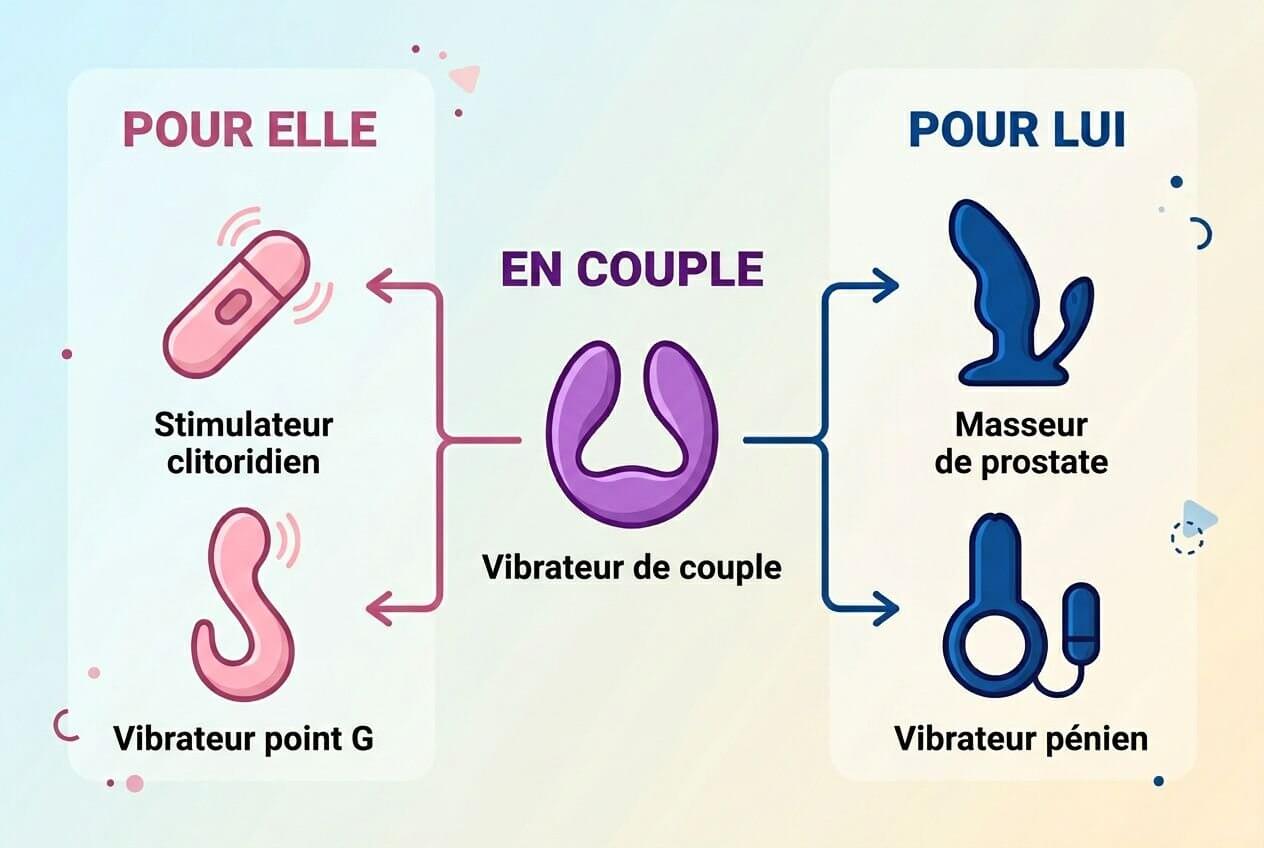 Schéma pédagogique montrant des sextoys: côté femme, stimulateur clitoridien et vibra­teur point G; au centre un vibra­teur de couple; côté homme, stim­ulateur prostates et vibra­teur pénien. Inclut le thème “comment bien choisir un vibromasseur”.
