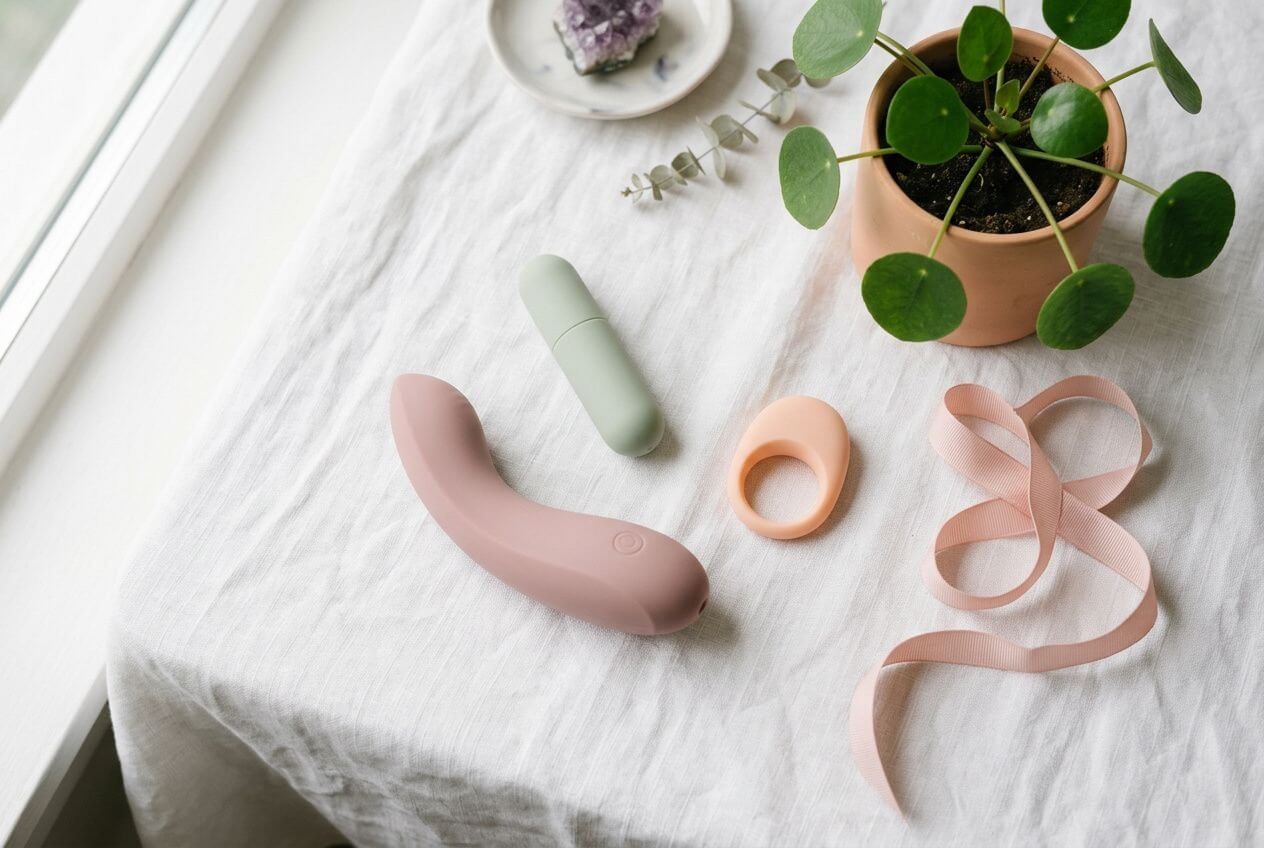 Sextoy discret rose et accessoires sur une table, avec plante en pot et ruban rose, illustrant comment choisir un sextoy.