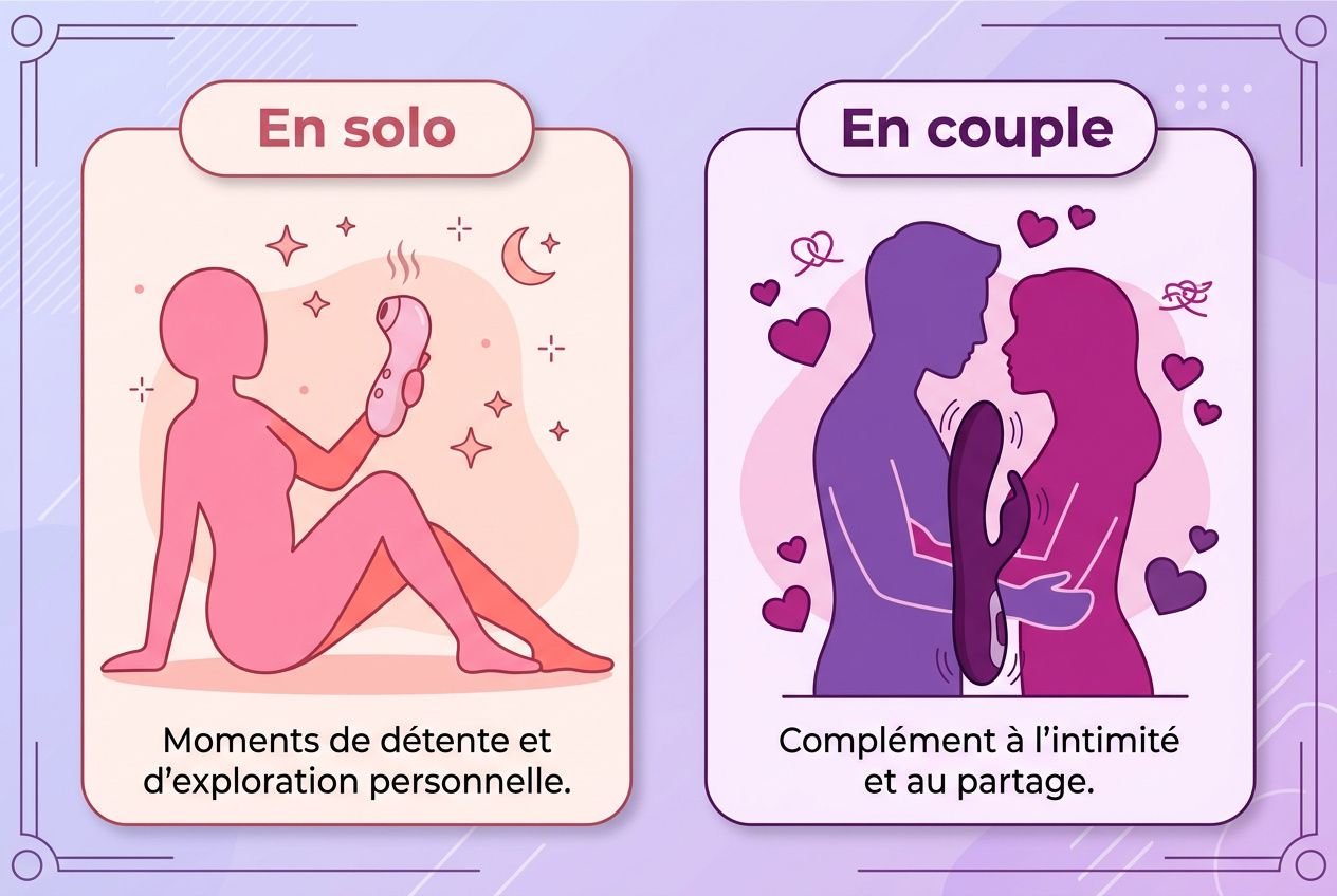 Stimulateur clitoridien vs vibromasseur : comparison visuelle entre solo et duo, avec personnages stylisés et ambiance rose, sur fond violet.