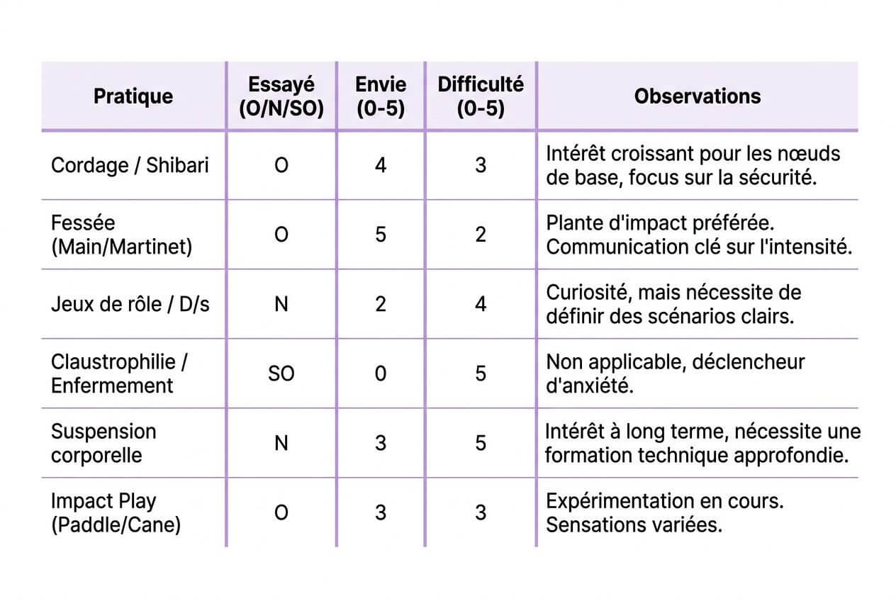 Tableau récapitulatif des pratiques BDSM pour couples avec colonnes : pratique, essai, difficulté et observations, style pédagogique et sécurité.