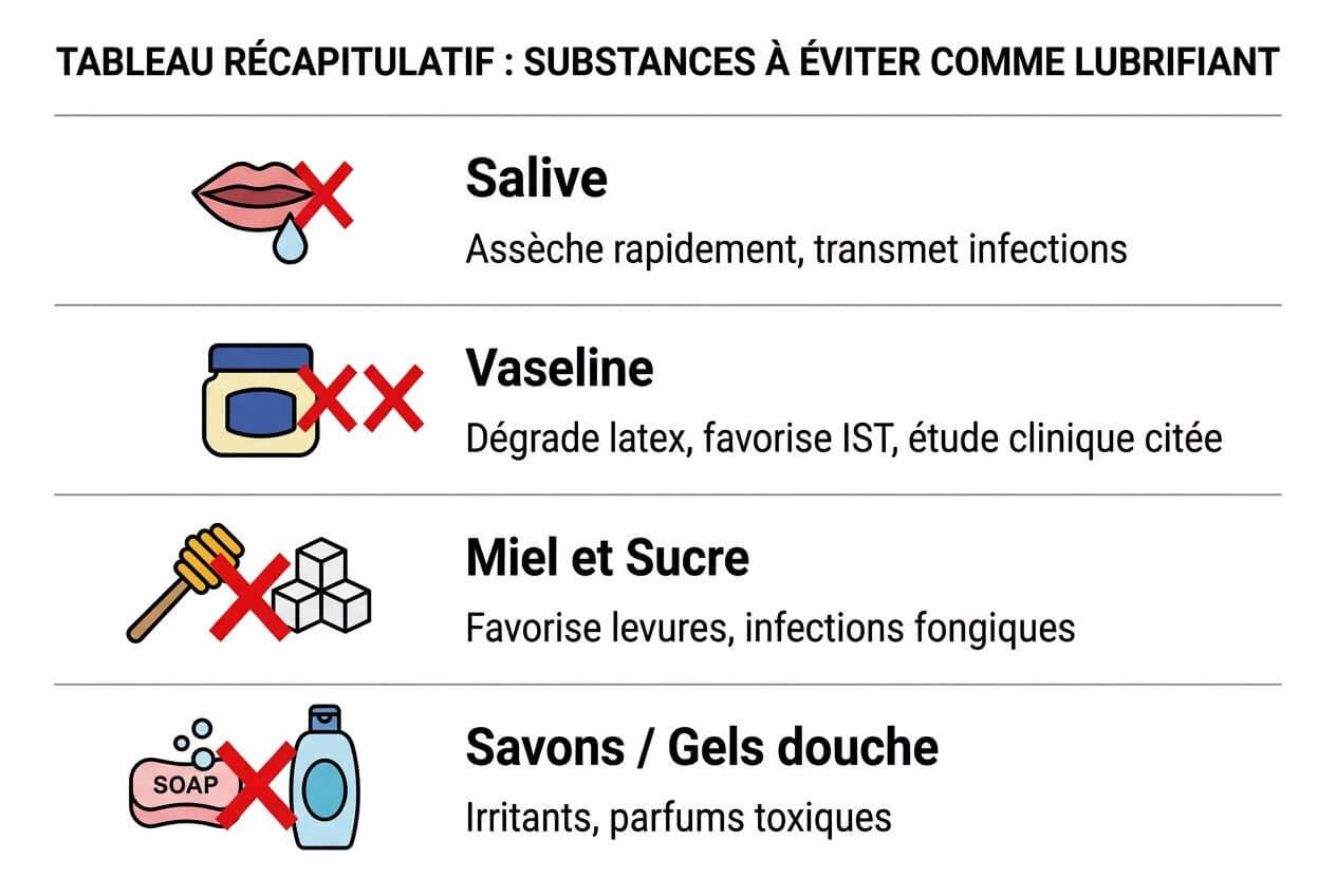 Tableau récapitulatif des substances à éviter comme lubrifiant, avec icônes et textes. Améliore la description: montre Salive, Vaseline, Miel et Sucre, Savons / Gels douche barrés par des croix rouges.