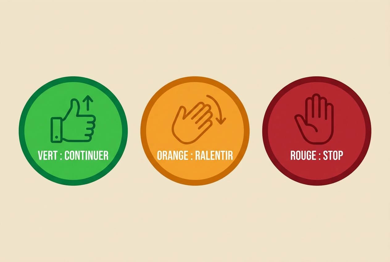 Trois boutons circulaires: vert “Continuer”, orange “Ralentir” avec une main qui s’apaise, et rouge “Stop” avec une main levée.