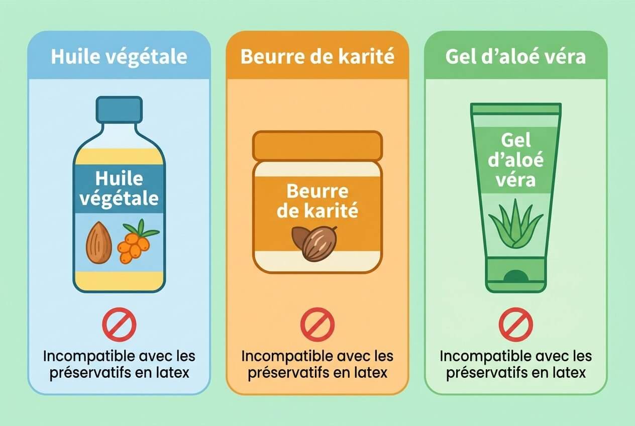 Trois étiquettes illustrent des bases cosmétiques: huile végétale, beurre de karité et gel d’aloé véra, chacun sans conservateurs en latex. Meilleur lubrifiant hydratant possible.