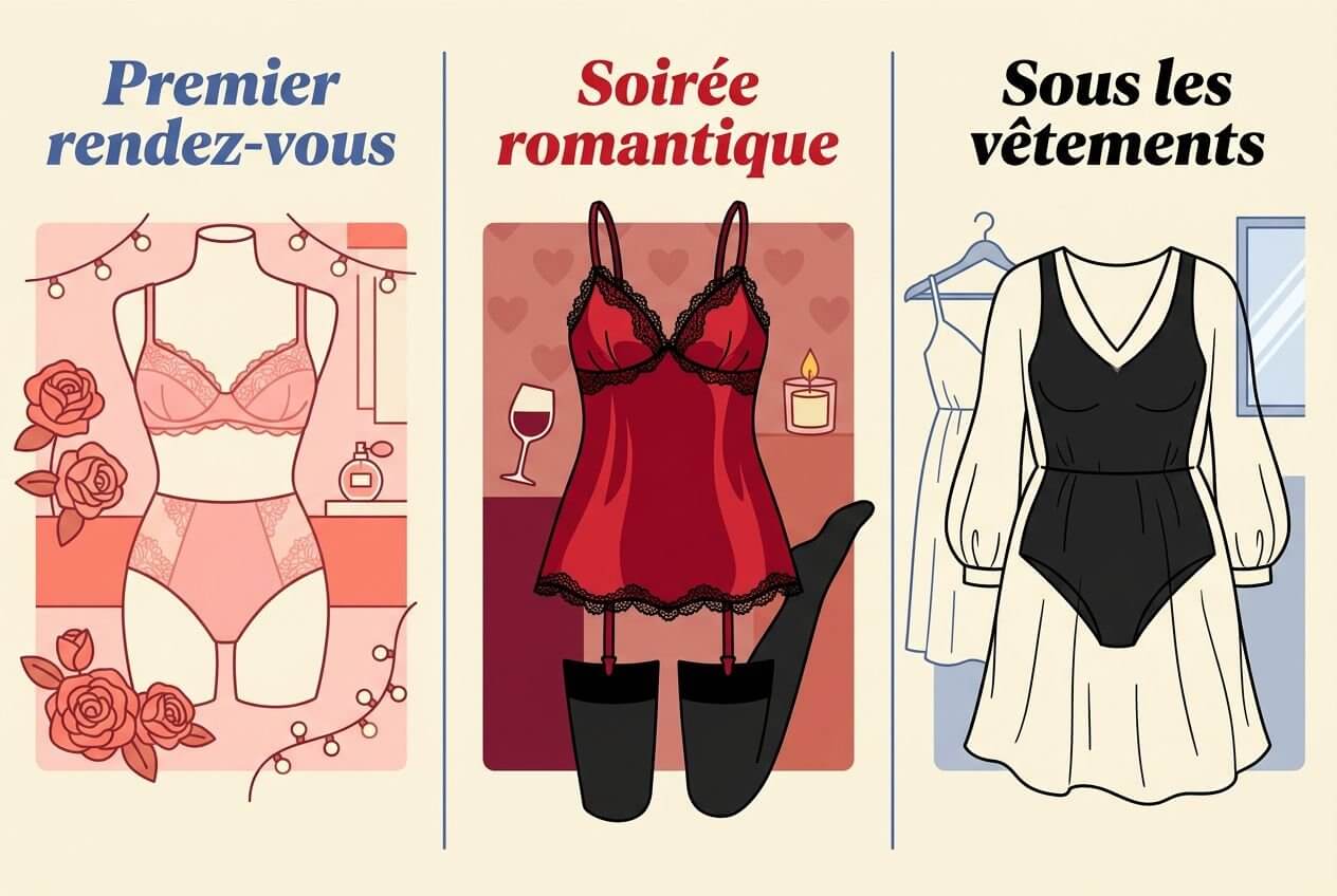 Trois illustrations distinctes présentant des tenues féminines: lingerie rose, nuisette rouge et robe noire à manches bouffantes, avec des textes «Premier rendez-vous», «Soirée romantique» et «Sous les vêtements»