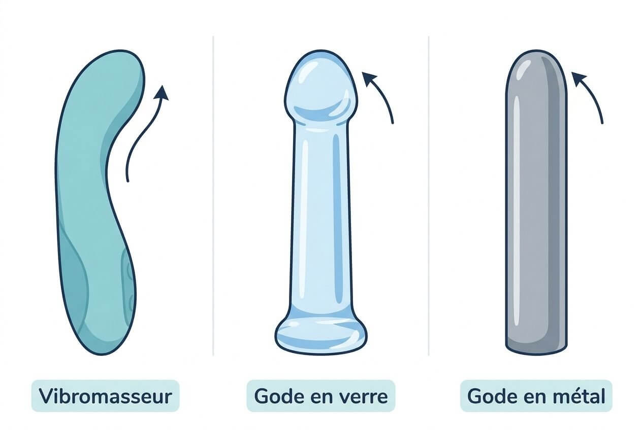 Trois sex toys stylisés: vibromasseur courbé, gode en verre, et gode en métal, avec flèches indiquant la stimulation. Suggestion d’un guide complet plaisir point g intégré.