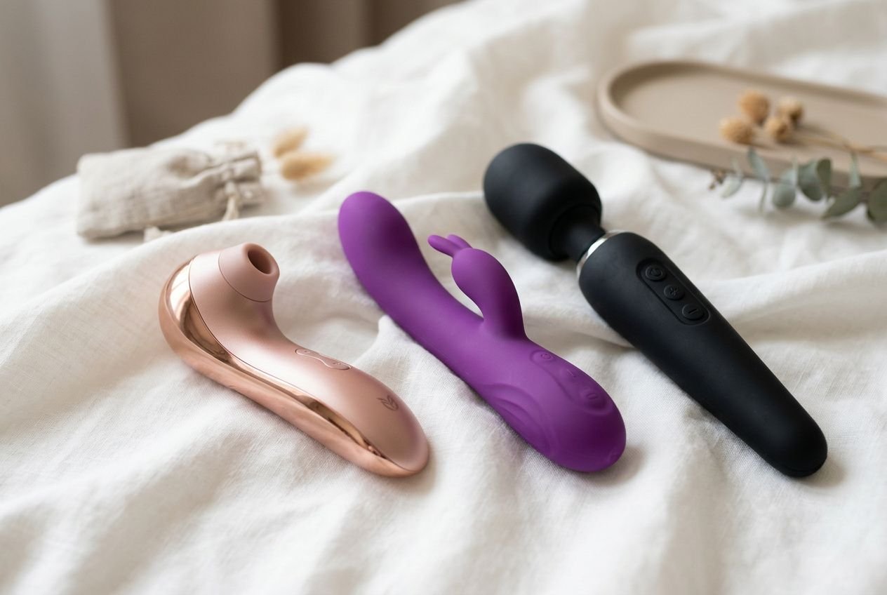 Trois sextoys féminins colorés sur lit blanc: rose doré, violet et noir, avec boutons de contrôle visibles sur le noir. Incorpore naturellement le mot-clé: meilleur jouet sexuel en 2026.