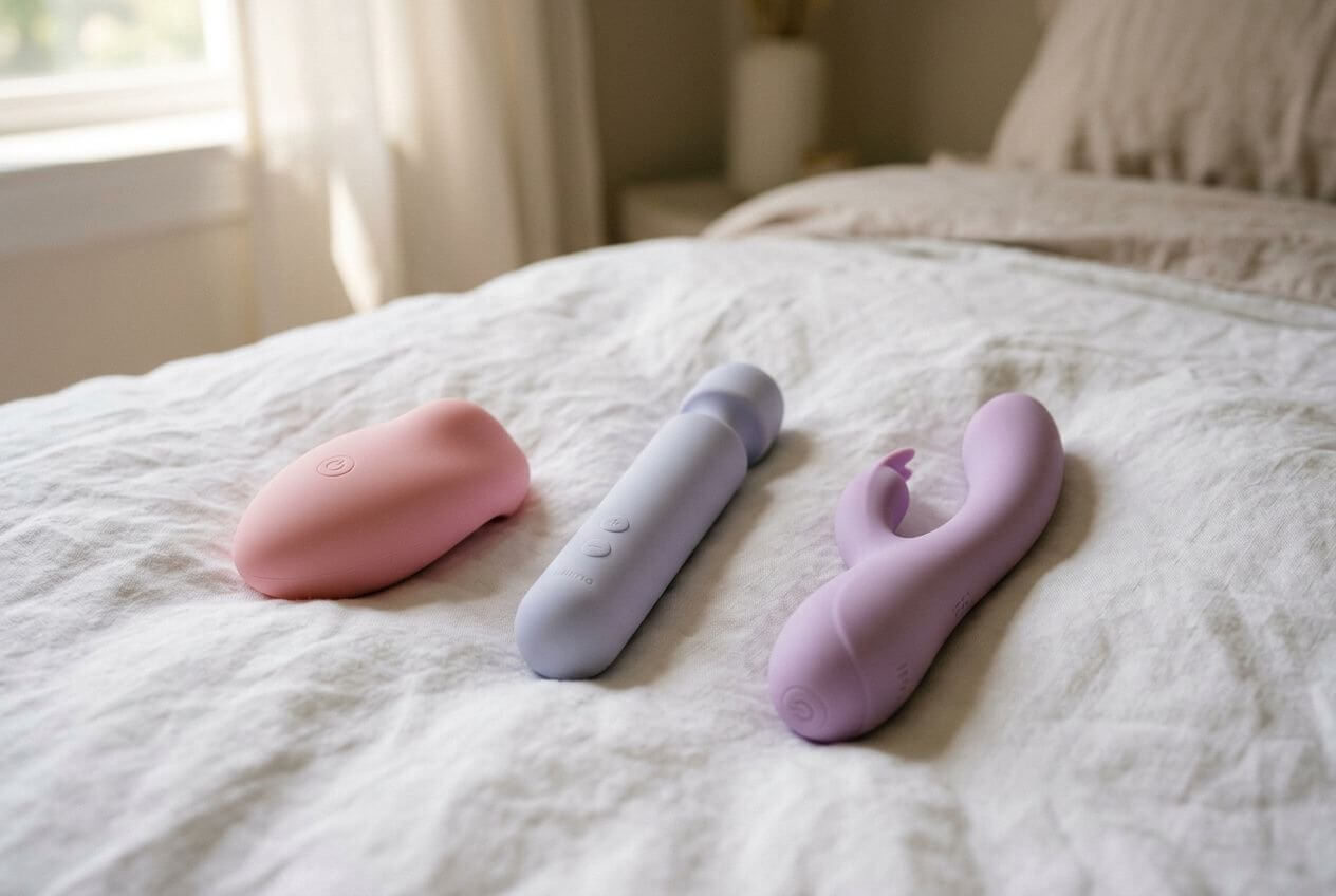 Trois sextoys sur un lit: un vibromasseur rose pâle, un sextoy gris avec bouton, et un vibromasseur en forme de harpon violet, appropriés pour débuter, parfaits pour le guide « quel vibromasseur pour débuter ».