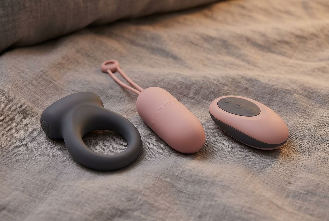 Trois sextoys en silicone gris et rose posés sur tissu, dont un anneau, un vibro discret et une centrale de contrôle, pour le meilleur jouet sexuel en 2026.