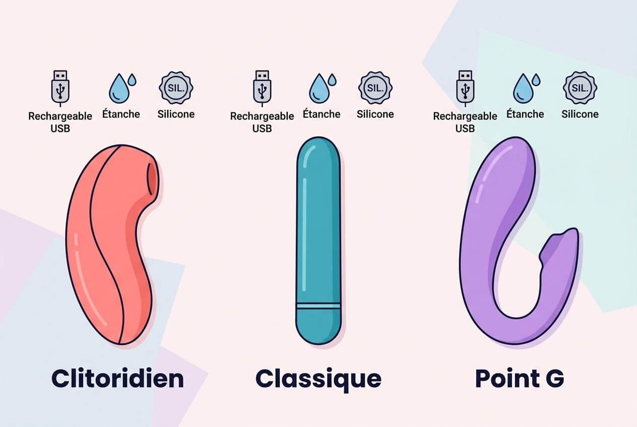 Quel vibromasseur pour débuter : image comparant clitoridien, classique et point G avec livret conseils et livraison discrète rapide.